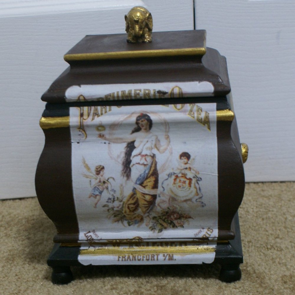Small Wood Wooden Box Hinged Lid Elephant Brown Black Gold Hand Decorated
